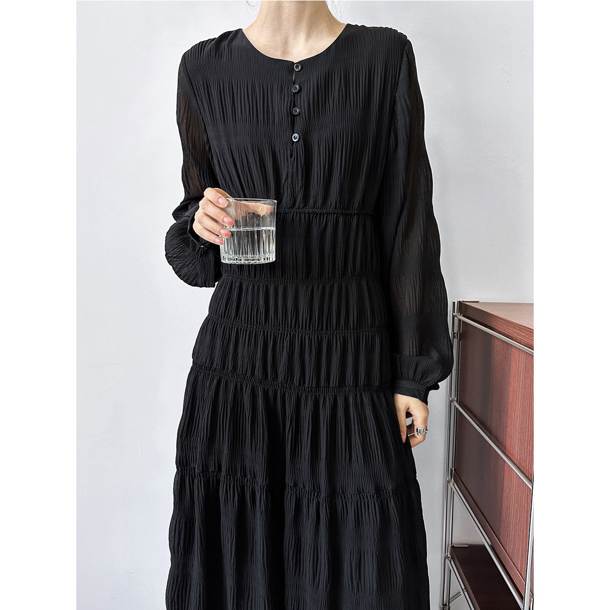 Luxi women's new pleated dress Korean waist chiffon long-sleeved fairy dress 3686