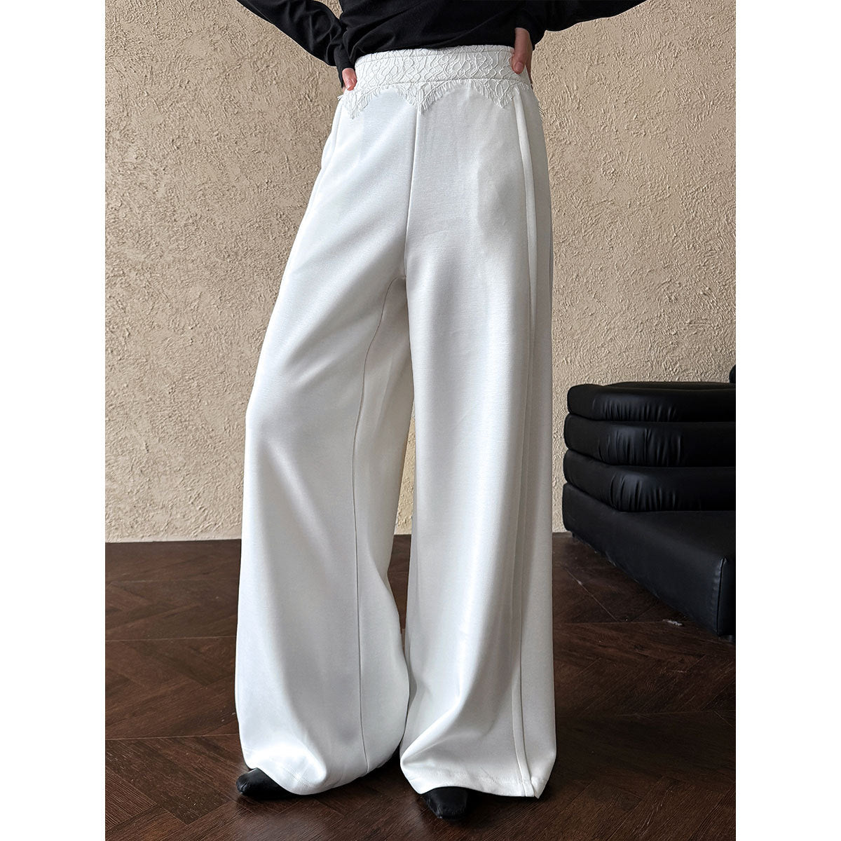 Luxi, Korean lace splicing casual wide-leg pants women's spring new high-waisted versatile soft waxy straight trousers 2890