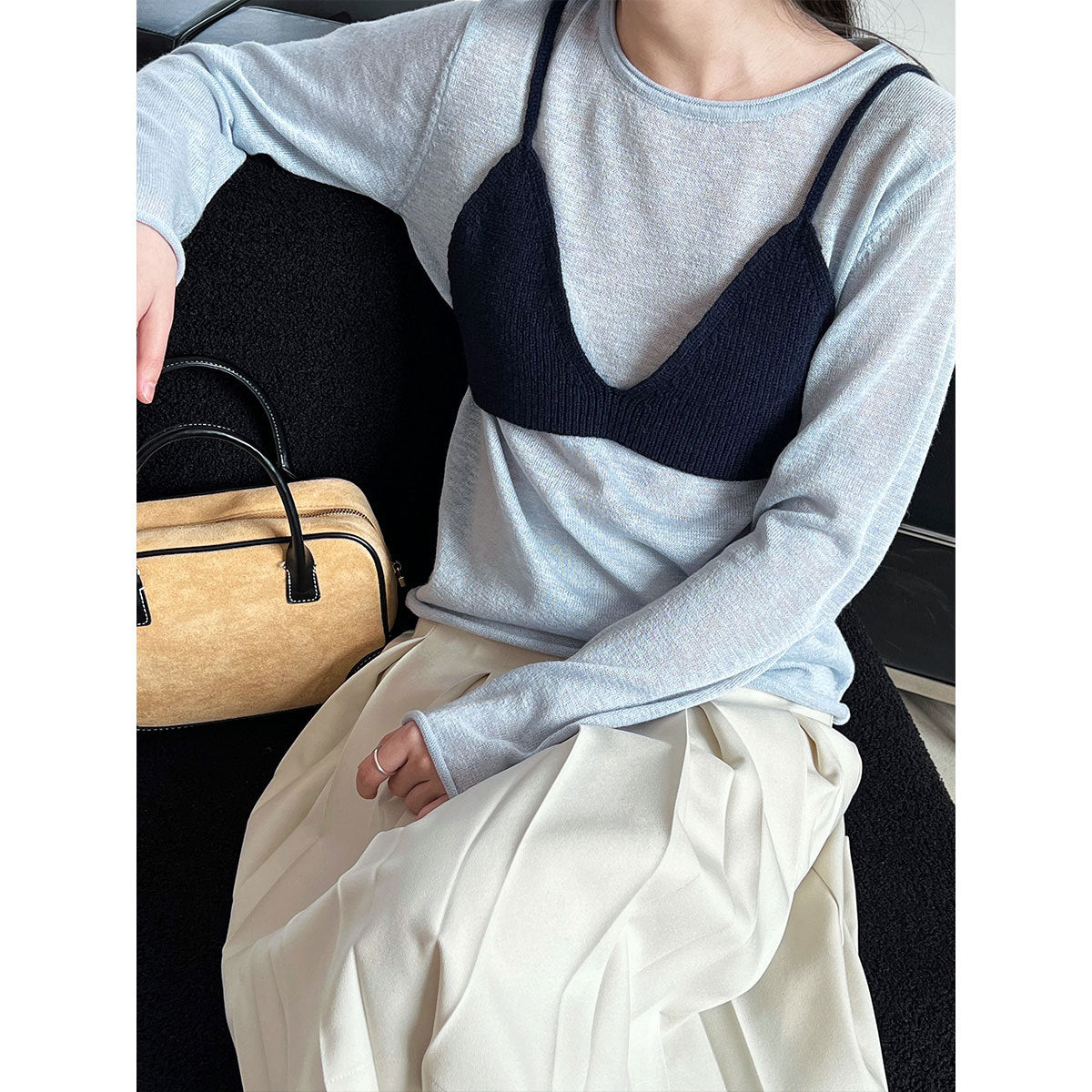 Luxi Korean sling vest + crew neck knitted sweater set for women's spring new contrasting colors stacked two-piece set ss708