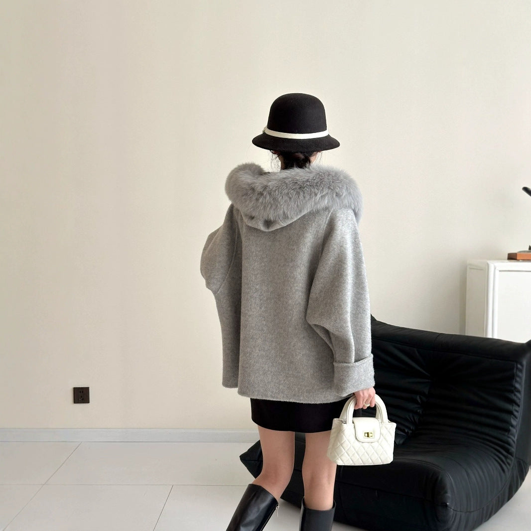 2025 Fox fur hooded large pocket double-breasted removable double-sided wool coat medium and long woolen coat women's autumn and winter