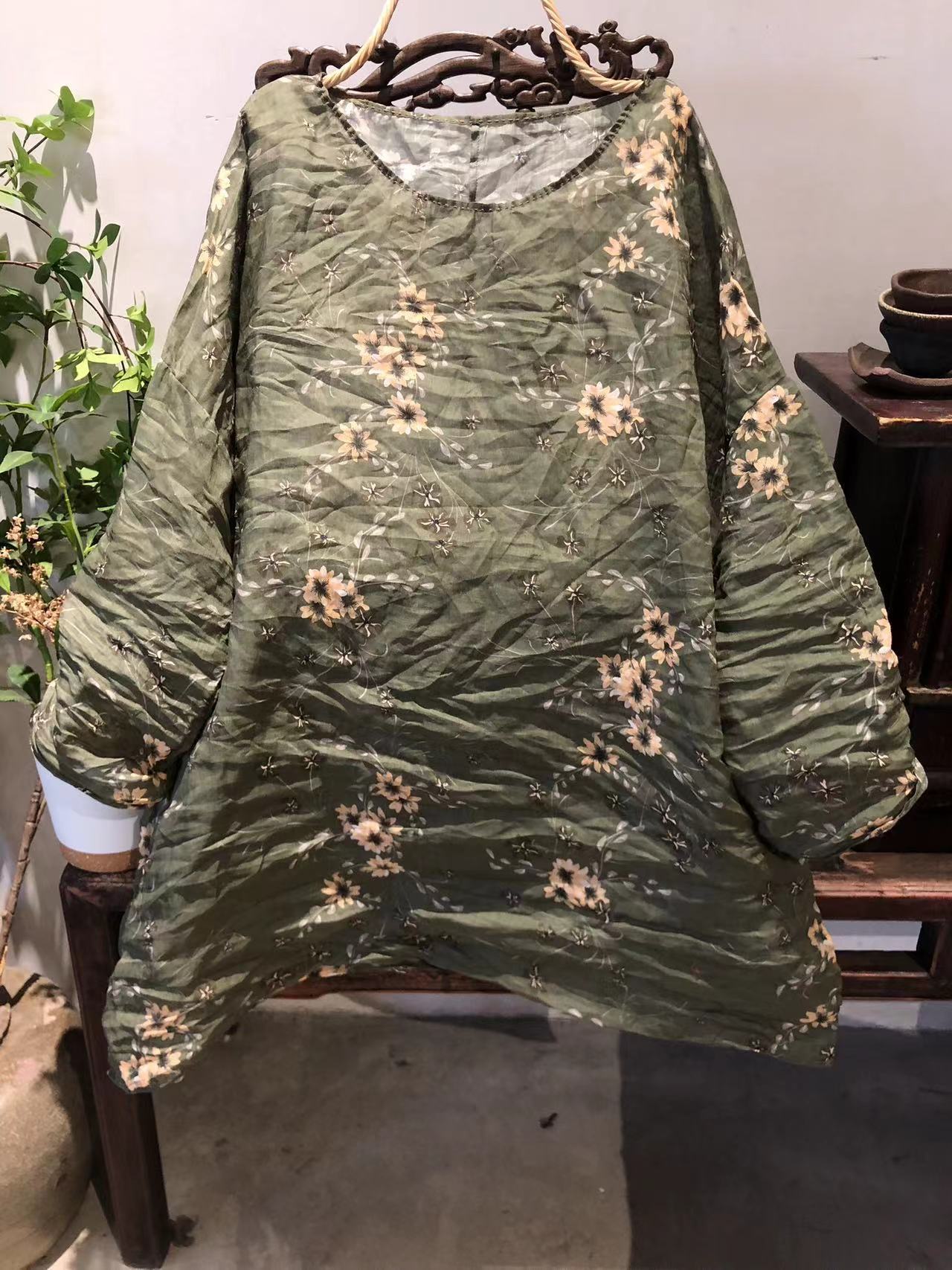 2025 23/4/Tea Ancient/Spring and Summer Literary Retro Ramie Printed Crew Neck Pullover Shoulder Medium Long Shirt