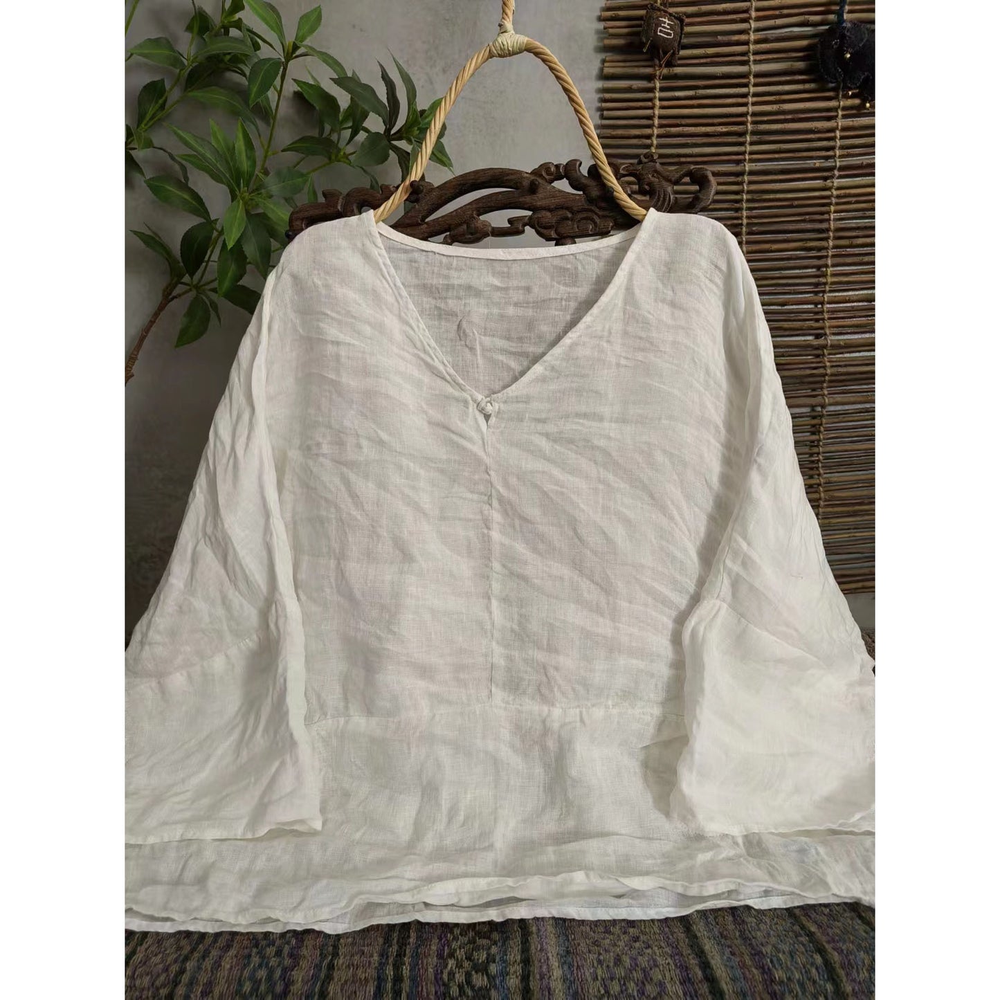 2025 23/4 In the same year, spring and summer literary and retro linen loose seven-quarter-sleeved shoulder pullover