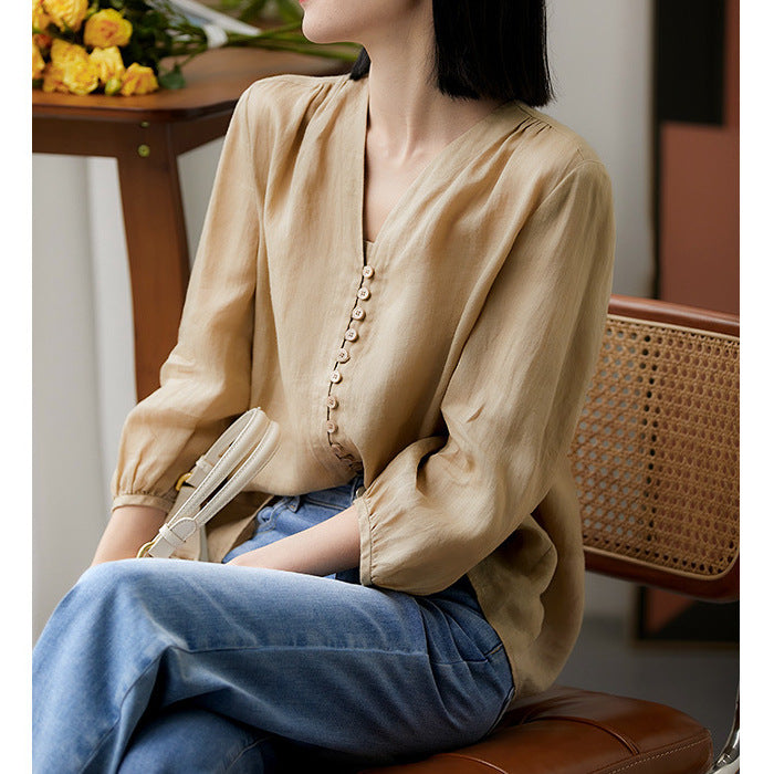 2025 Breathing ramie shirt, four-color nine-point bubble-sleeved shirt, shirt summer new women's top