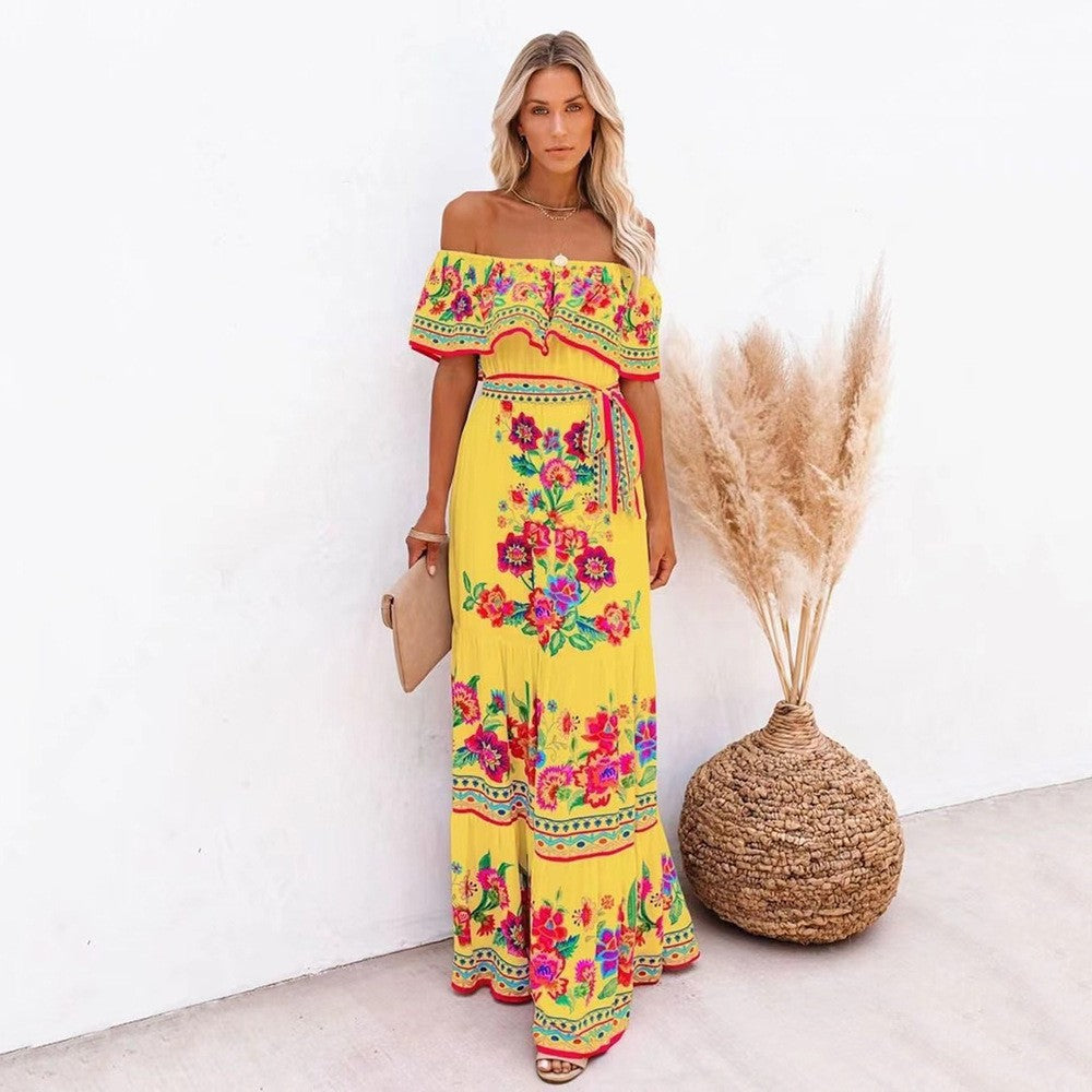 2023 New New Popularan, 2025n Spring and Summer Shoulder Safflower Printing Long Pendulum Dress Women
