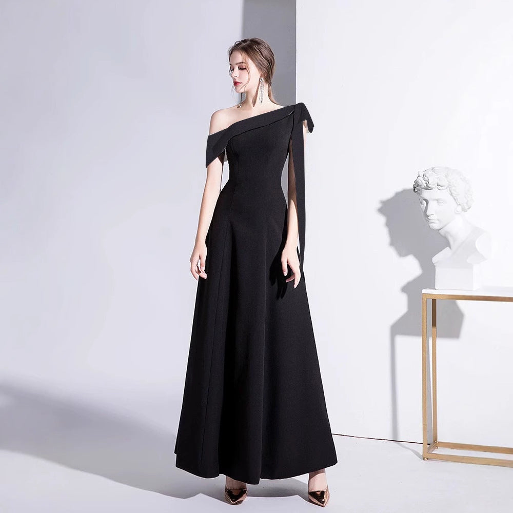 2025 Black evening dress women's spring new one-shoulder celebrity temperament banquet dress slim long daily dress