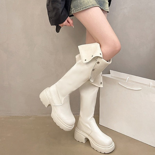 2025 Thick heel platform boots women's spring and autumn popular new Maillard knee boots slim versatile knight boots tide