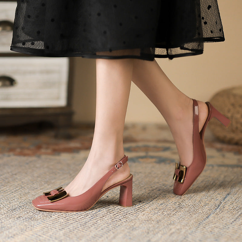 2025 778-10 Baotou Sandals Women's 2025 New Summer Thick Heel Shallow Mouth Square Head Metal Buckle Baotou Backempty Sandals