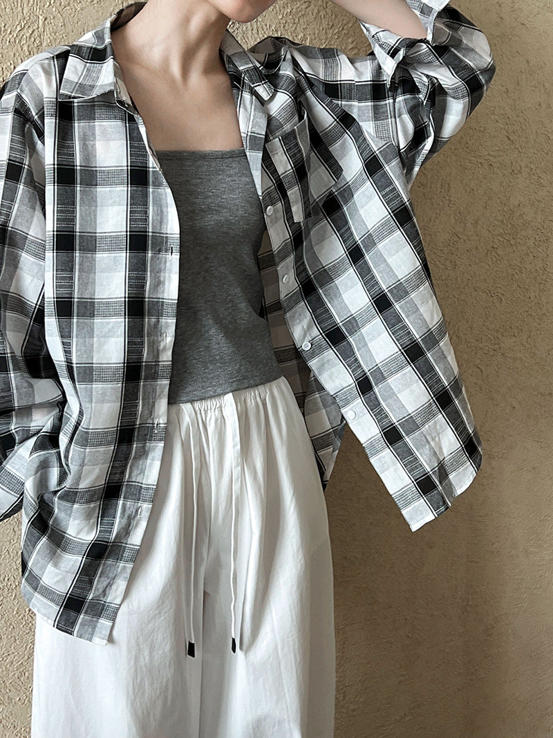 Luxi, retro lazy plaid shirt women's summer long-sleeved loose trend fashion light and thin sunscreen shirt 8682