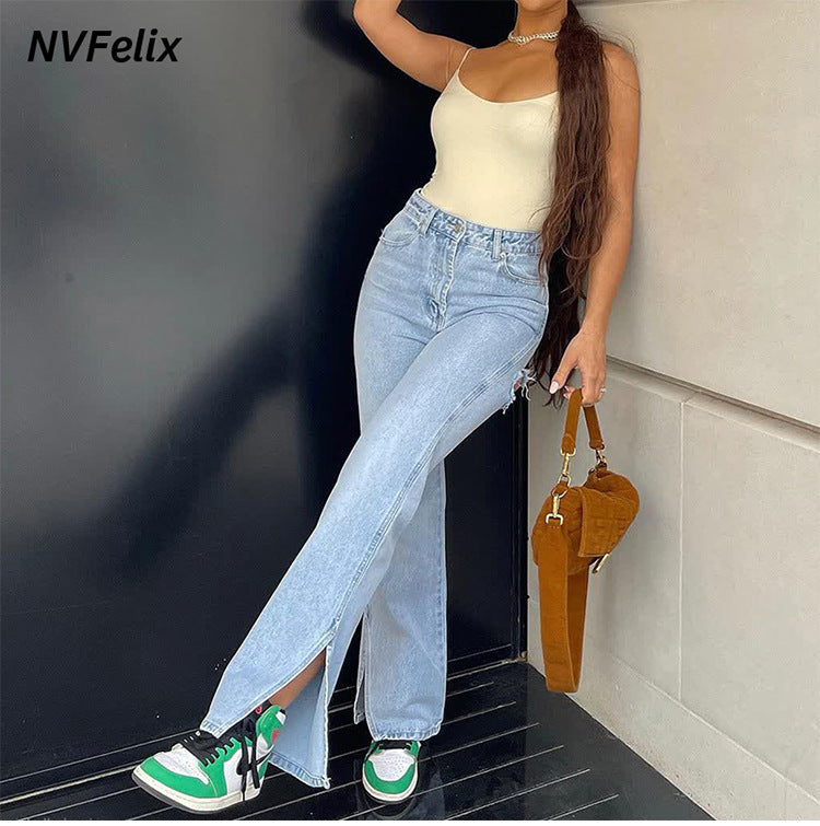 2025 Popularan, 2025n and Popular trade New supply High waist elastic hole foot split denim trousers women