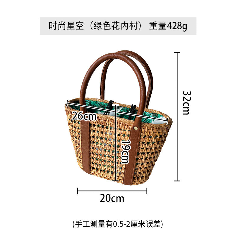 XIANGTUIBAO Vacation Style Handmade Pastoral Style Cabas Storage Picnic Travel Baskets Hand-Woven Rattan Handbag