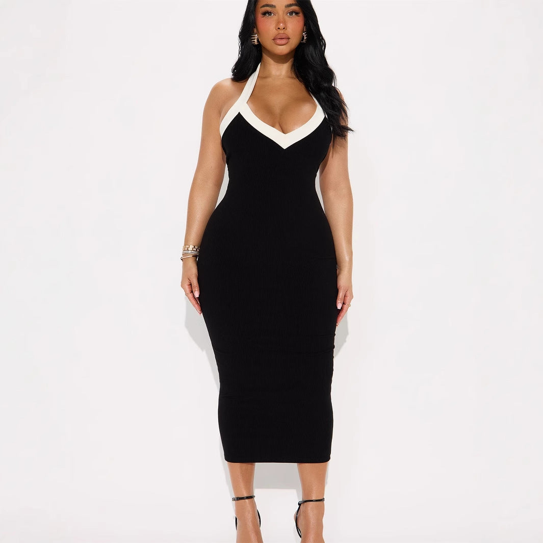 Popular, and the United States summer new women's clothing New Popular trade sexy babes solid color neck halter waist tight dress