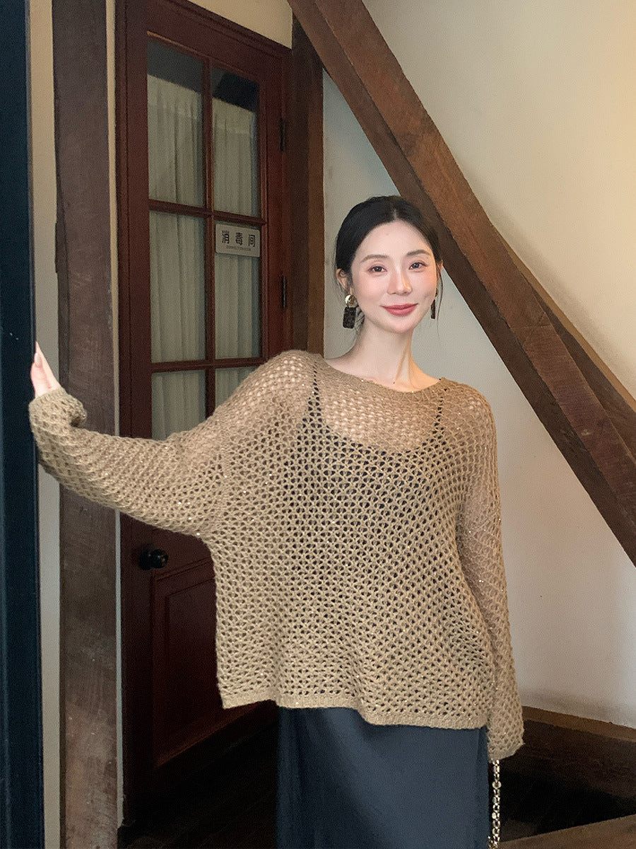 2025 popular autumn loose long-sleeved hollow knitted sweater women's top oversize sweater 25064