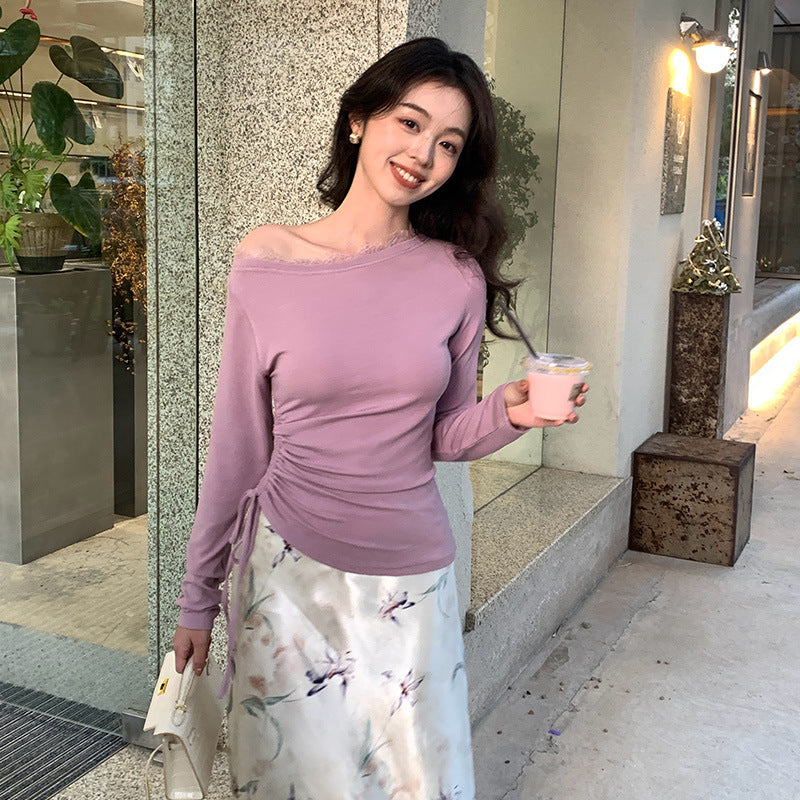 2025 Thirteen Lines Spring New Korean Edition Temperament Lace Slant Neck Bottom Shirt Long Sleeve Top 89190