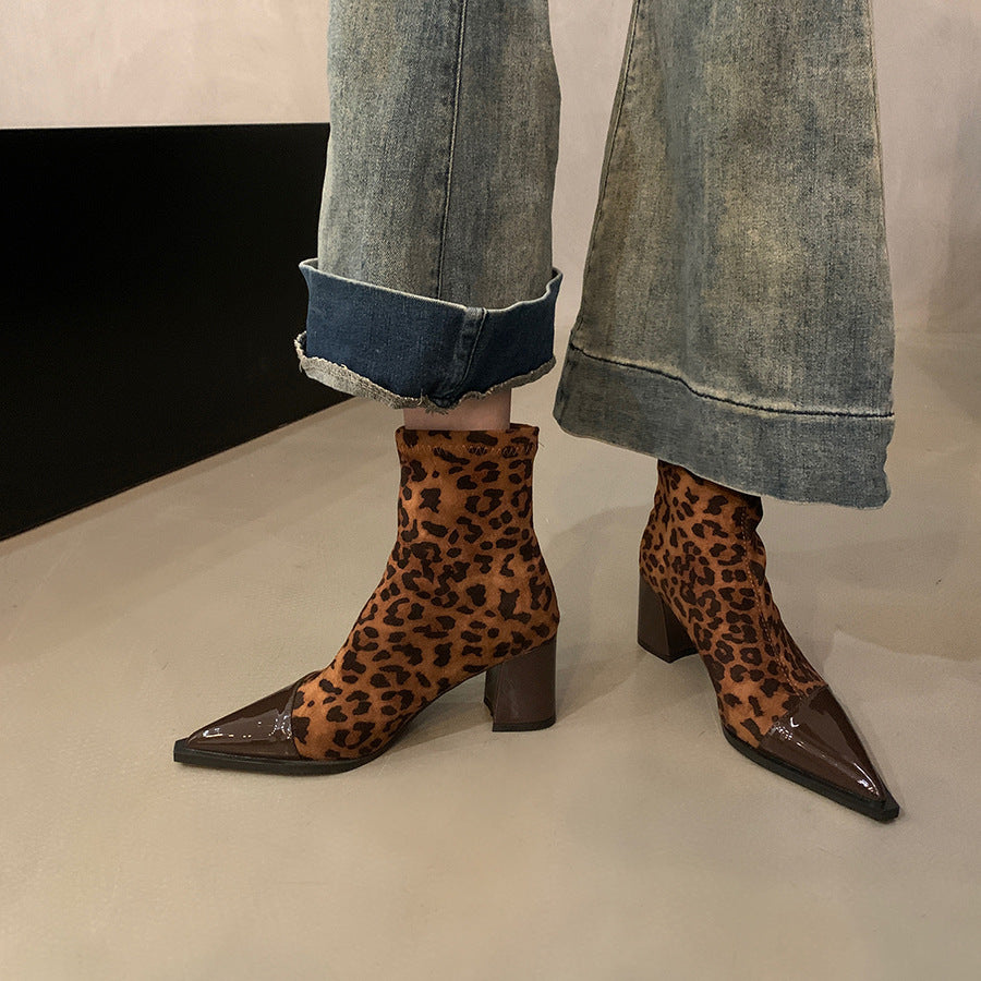 2025 Thick high heels pointed thin boots short boots women's shoes popular new autumn and winter single boots leopard print temperament small bare boots