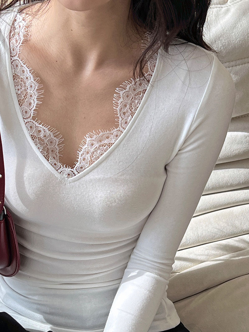 Luxi, sexy pure desire style V-neck lace lace bottoming shirt women's spring new design sense T-shirt 2862