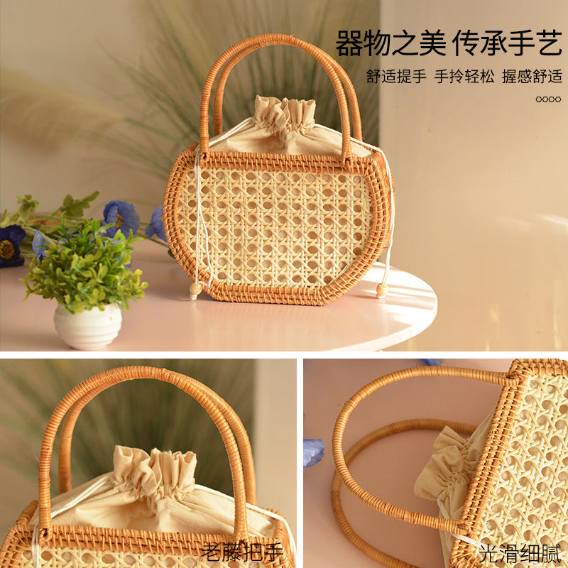 XIANGTUIBAO Vacation Style Handmade Pastoral Style Cabas Storage Picnic Travel Baskets Hand-Woven Rattan Handbag