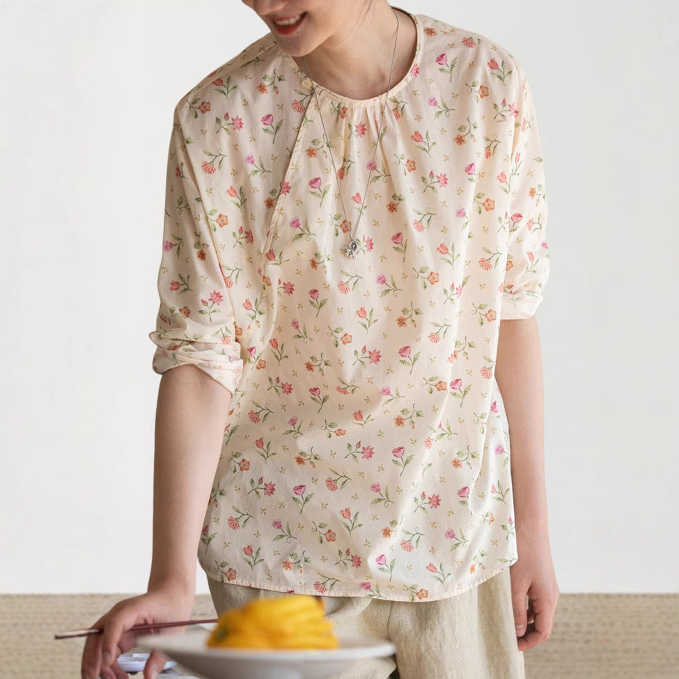 2025 popular shirt, ramie printed shirt, literary and fresh age-reducing shirt, women's floral top