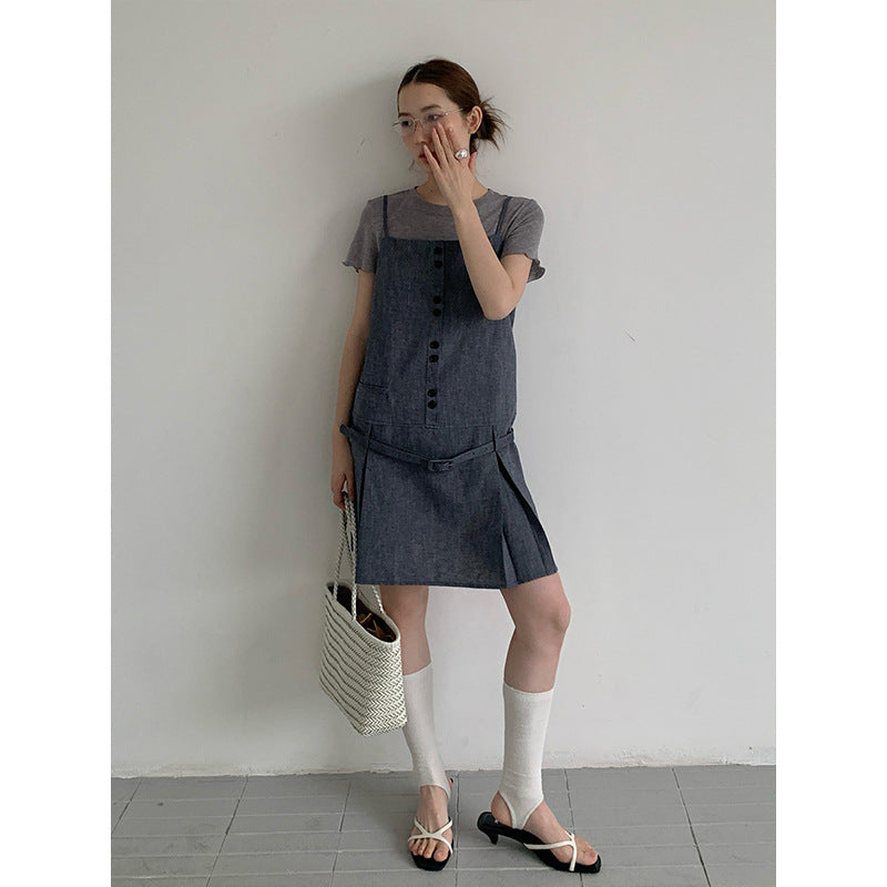 2025 TEH MIND Tencel suspender skirt 2025 thirteen lines of summer new Korean version of high waist and thin A-word skirt 013AX