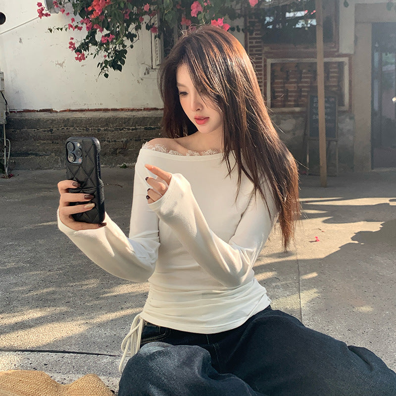 2025 Thirteen Lines Spring New Korean Edition Temperament Lace Slant Neck Bottom Shirt Long Sleeve Top 89190