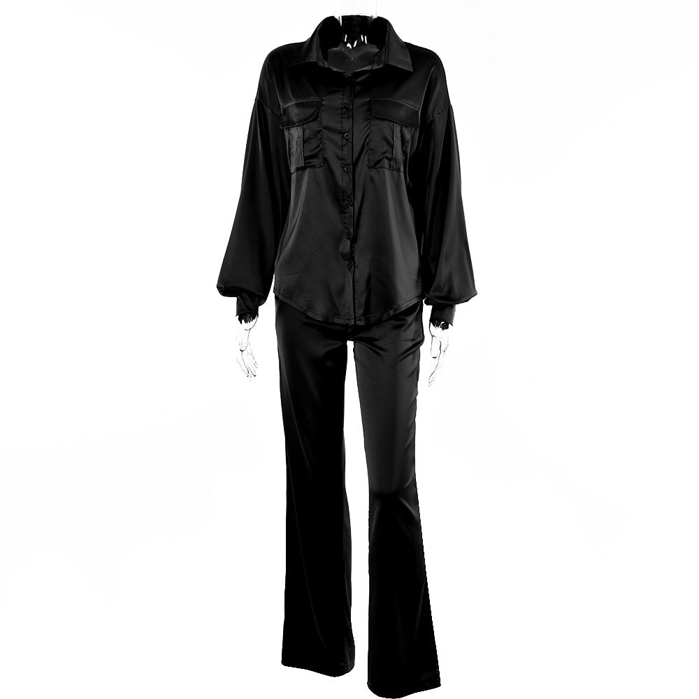 2025 new elegant light and mature wind loose two-piece set women's solid color button-down lapel top high-waisted straight pants set