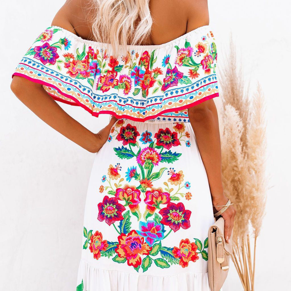 2023 New New Popularan, 2025n Spring and Summer Shoulder Safflower Printing Long Pendulum Dress Women