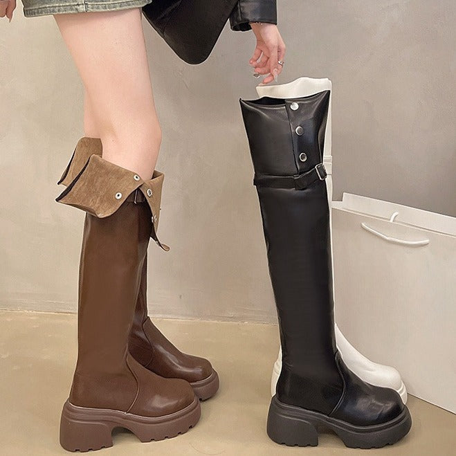 2025 Thick heel platform boots women's spring and autumn popular new Maillard knee boots slim versatile knight boots tide