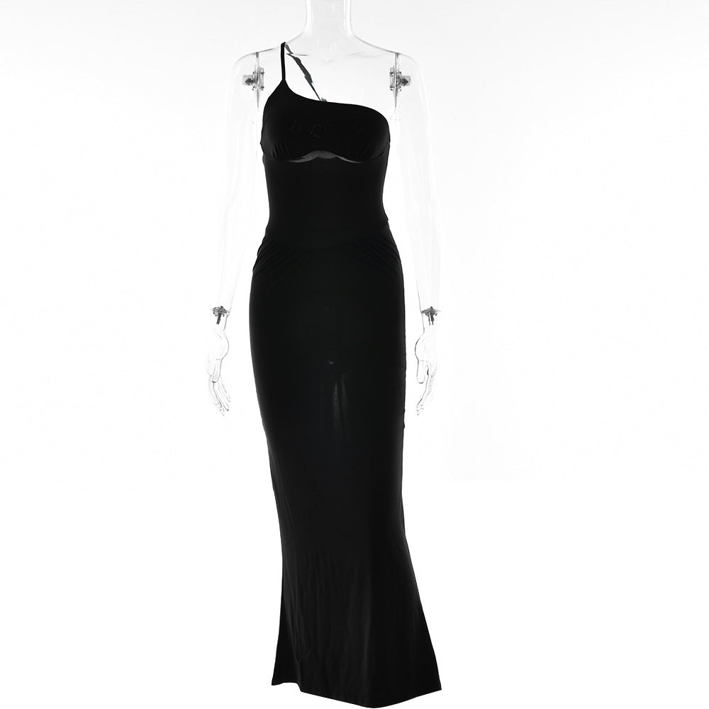 2025 Cross-border new fashion and sexy backless suspender dress solid color waist pleated split dress summer women