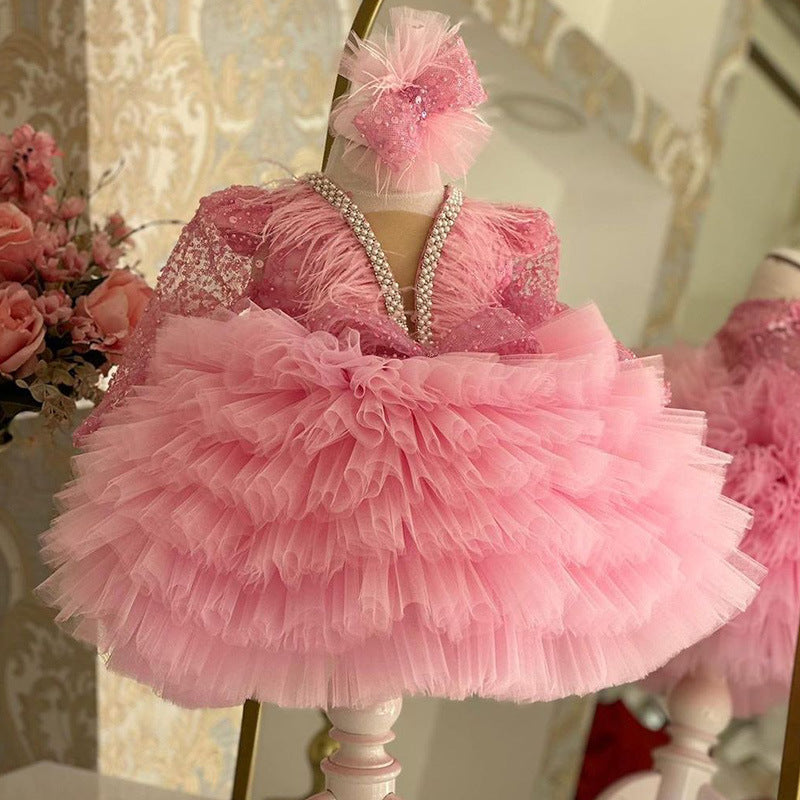 Xiangtuibao Princess Dress Girls' Western Style Dress V-neck Long Sleeve Little Girl Dress Children's Piano Playing Catwalk Performance Costumes