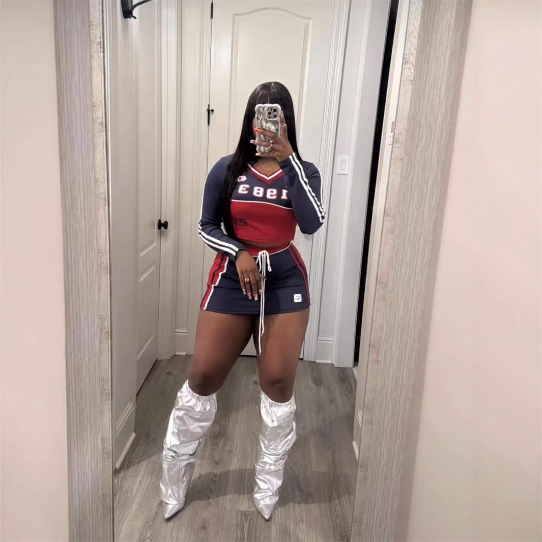 popular autumn new New slim-fit fashion printing contrasting colors Spice Girl long-sleeved top lace-up short skirt set