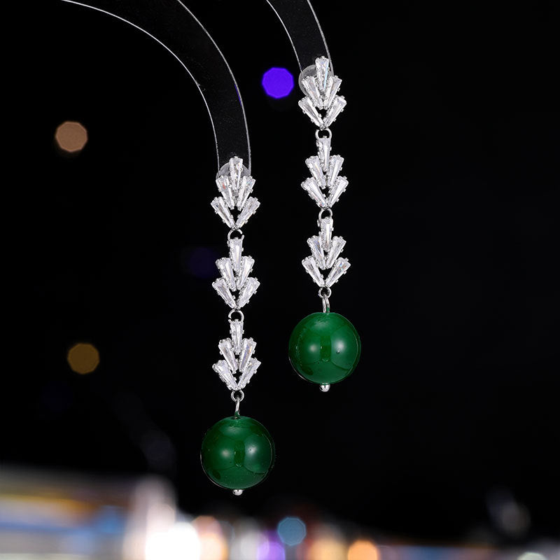 2025 Guofeng new Chinese retro green agate earrings long fringed zircon exquisite high-end light luxury S925 silver needle earrings