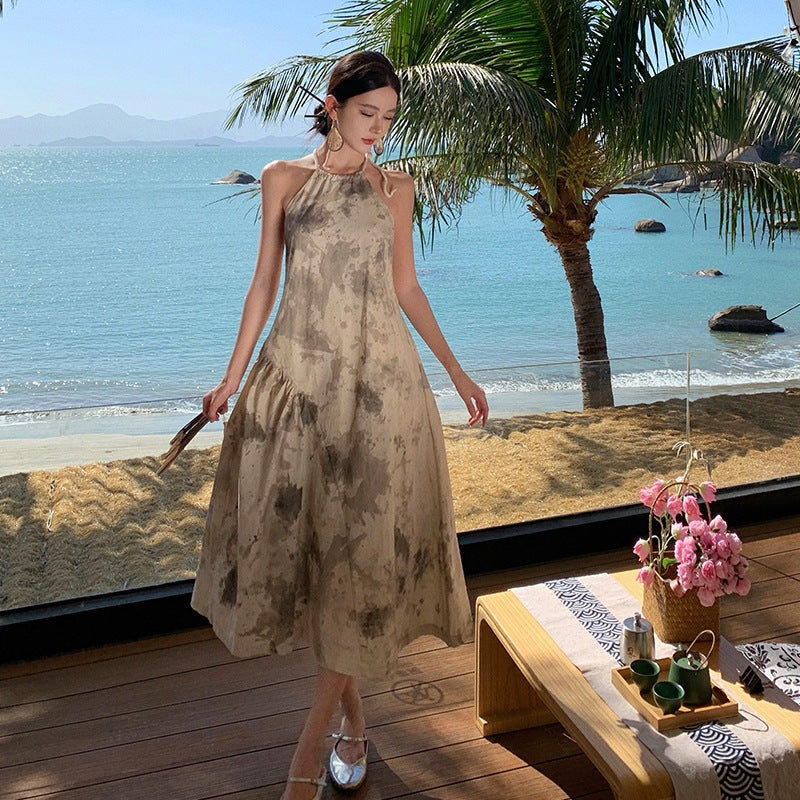 2025 Design sense woven neck dress women's summer seaside wear with backless beach skirt new Chinese ink suspender skirt fairy