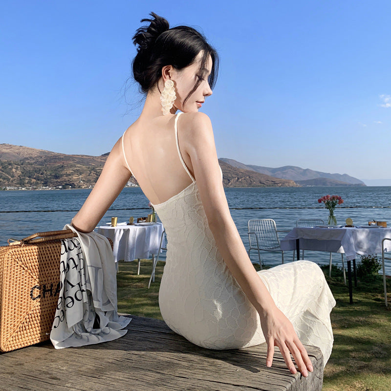 2025 temperament white romantic jacquard tube top skirt sexy hollow slim-fitting hip-wrapped suspender body dress