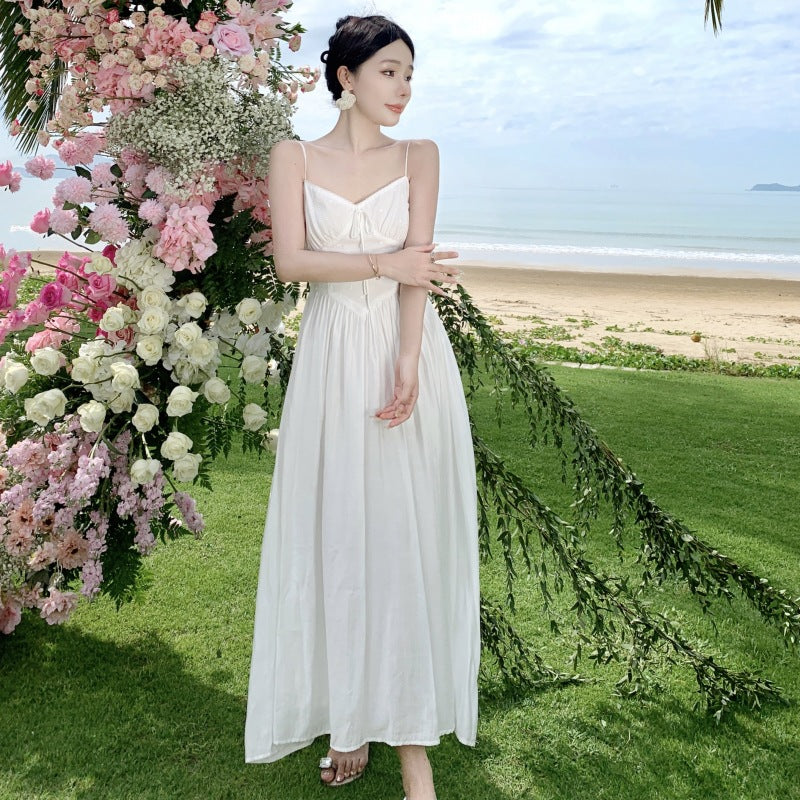 2025 White super fairy seaside vacation banquet photo dress manor girl retro lace long dress suspender dress