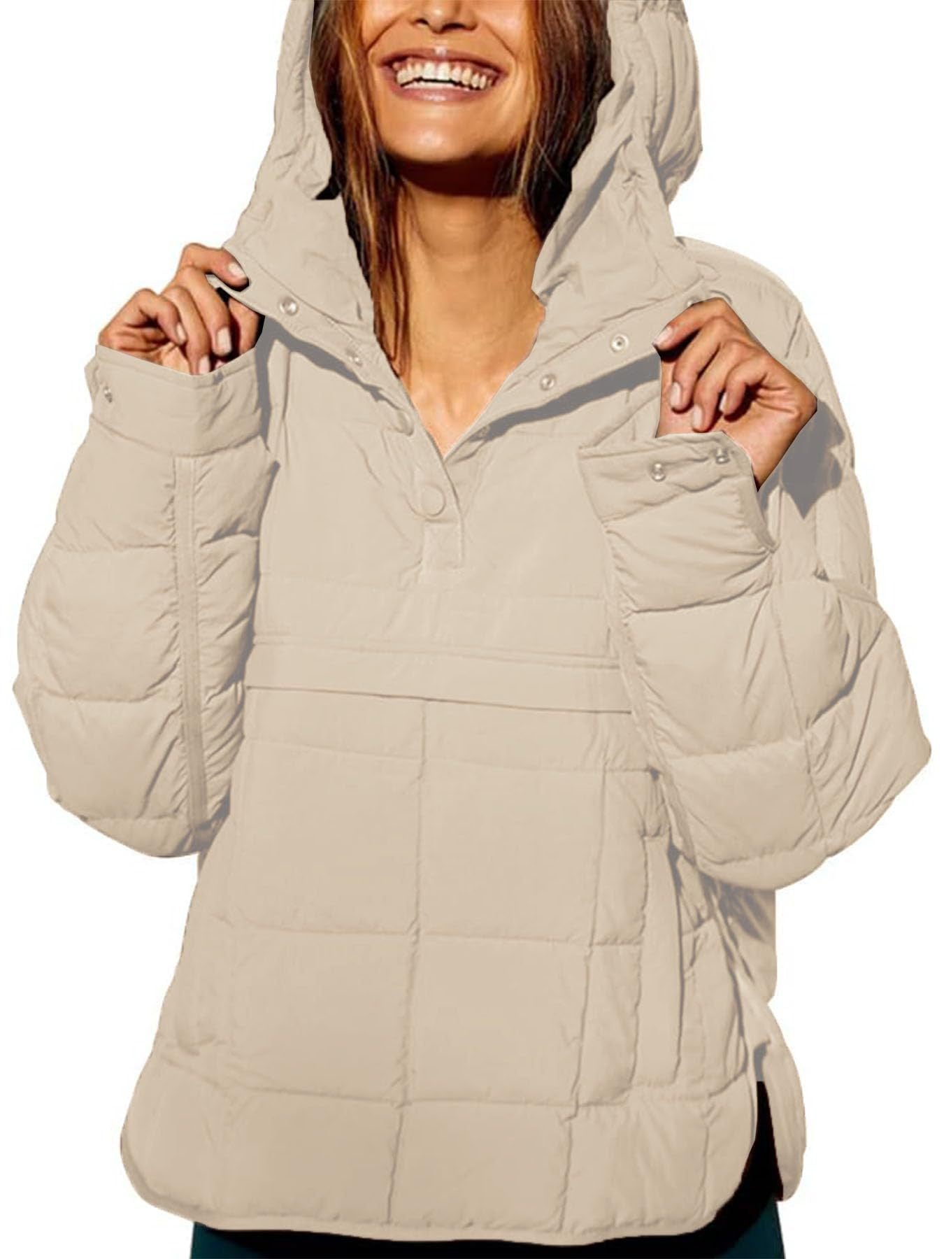 2023 Cross-border Autumn and Winter Solid Color Hooded Cotton Clothing Foldable Filled Pullover Pocket Long Sleeve Jacket Women