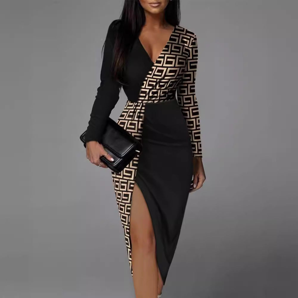 XIANGTUIBAO popular High Waist Skirt Set Black Hip Wrap Bottom Medium and Long Skirt Long Sleeve Double Color Temperament Commuter Dress