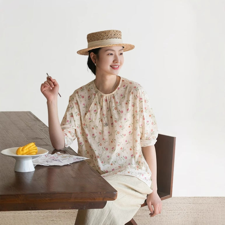 2025 popular shirt, ramie printed shirt, literary and fresh age-reducing shirt, women's floral top