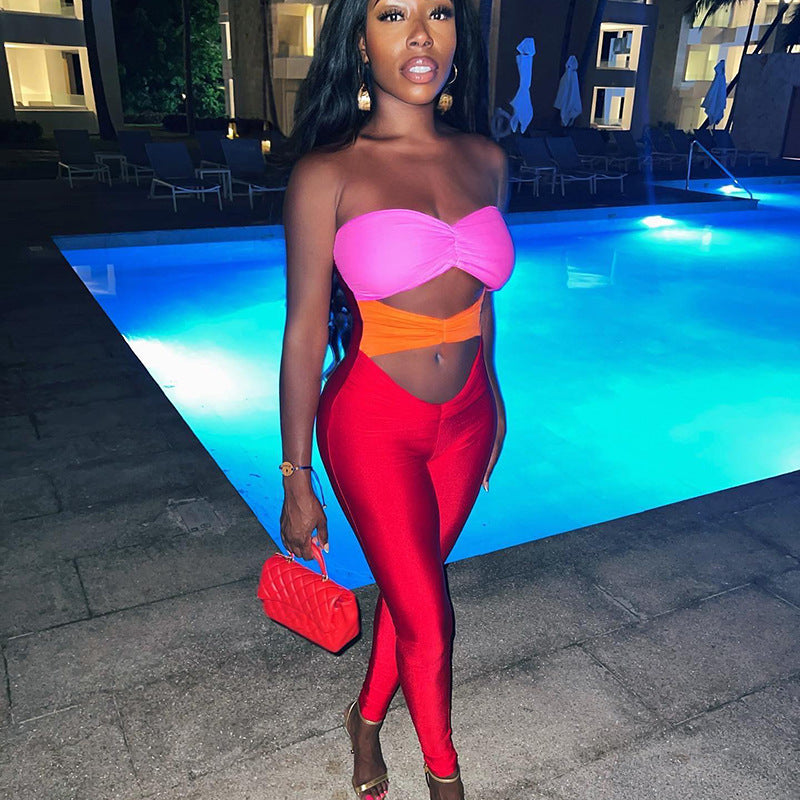 2025 popular tight sexy contrasting color hollow jumpsuit autumn hot-selling fashion tube top backless leggings women