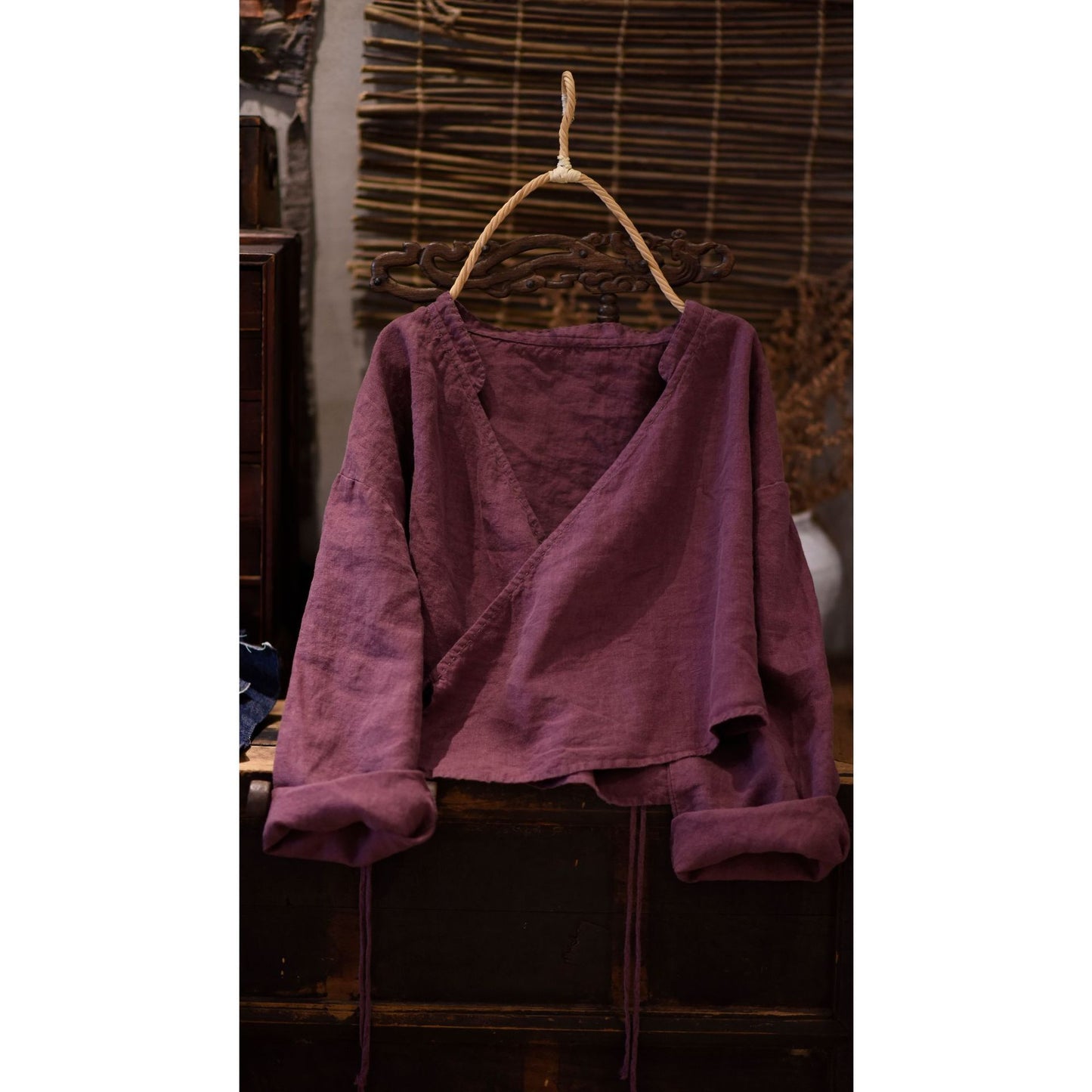 2025 22/7 Mulberry, early autumn literary and retro linen stand-up collar diagonal placket with shoulder-length short small cardigan