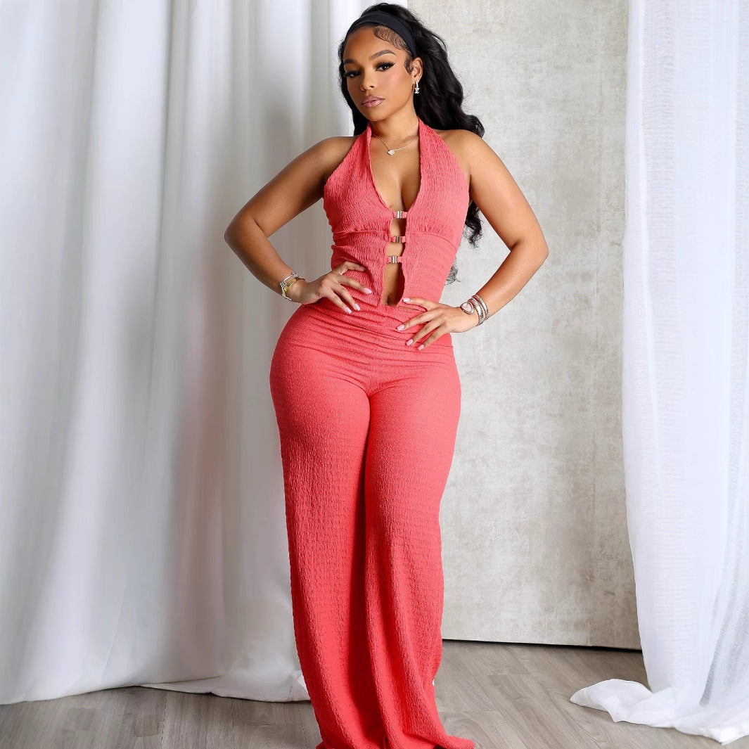 summer new popular neck sleeveless backless V-neck tube top breasted sexy fashion jumpsuit