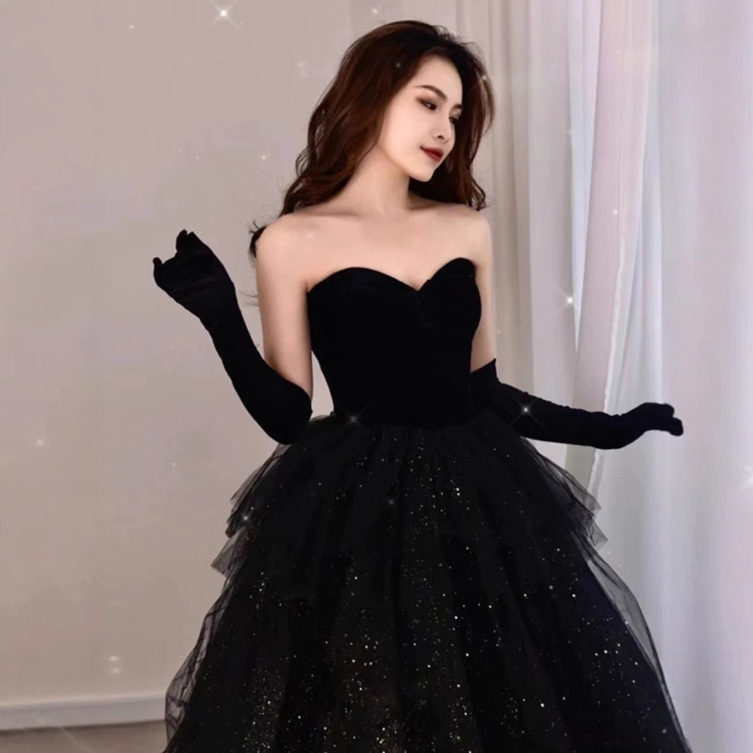 2025 Black tube top velvet high-end evening dress light luxury niche birthday party performance host princess tutu spring