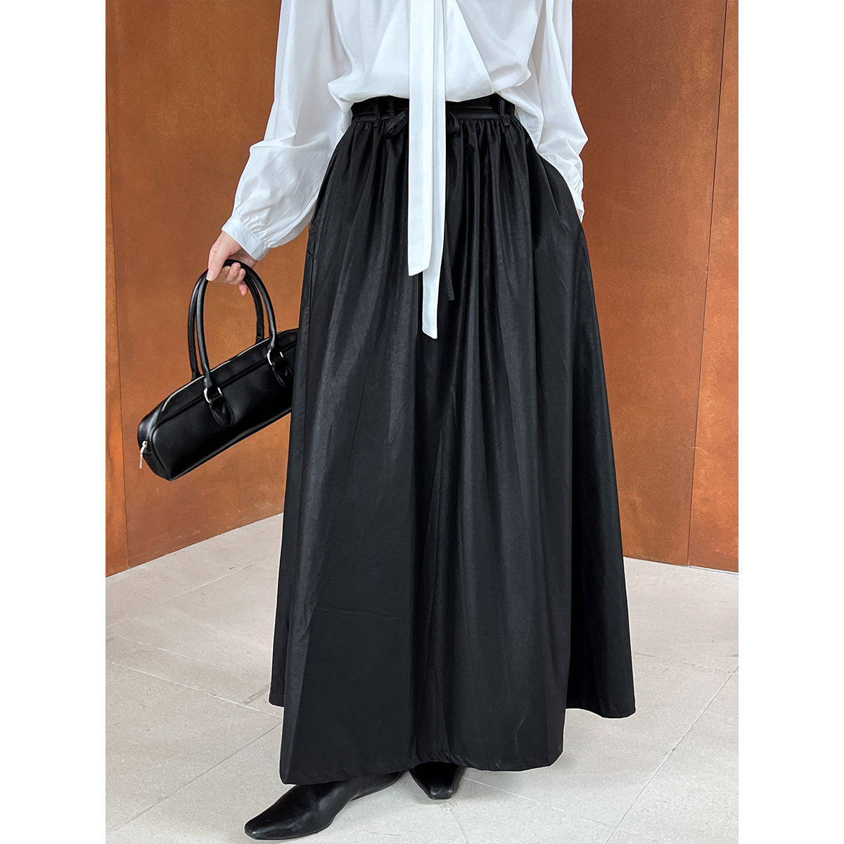 Luxi, retro PU leather pendant skirt women's autumn high waist lace-up pleated medium and long skirt 9695