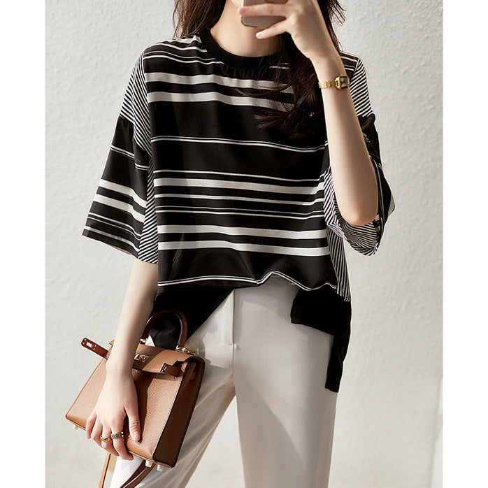 2025 Heavy silk, design striped T-shirt summer new women's loose, bat-sleeved mulberry silk top