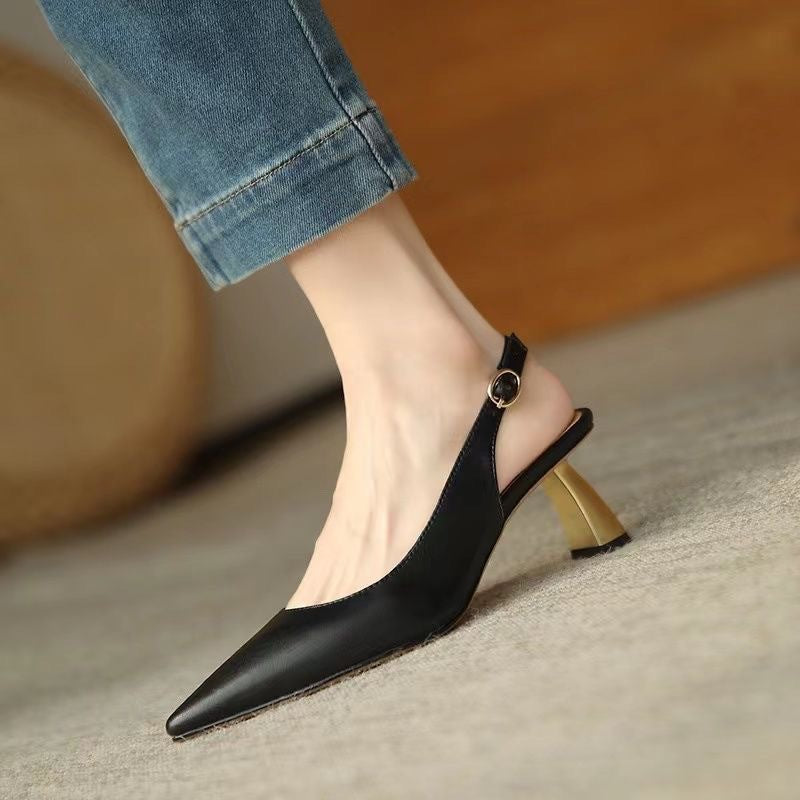 xiangtuibao Women's High-Heeled Shoes Spring/Summer New Style Retro Chunky Heel Shoes Pointed Toe Low-Cut Ankle-Strap Buckle Closed Toe Sandals