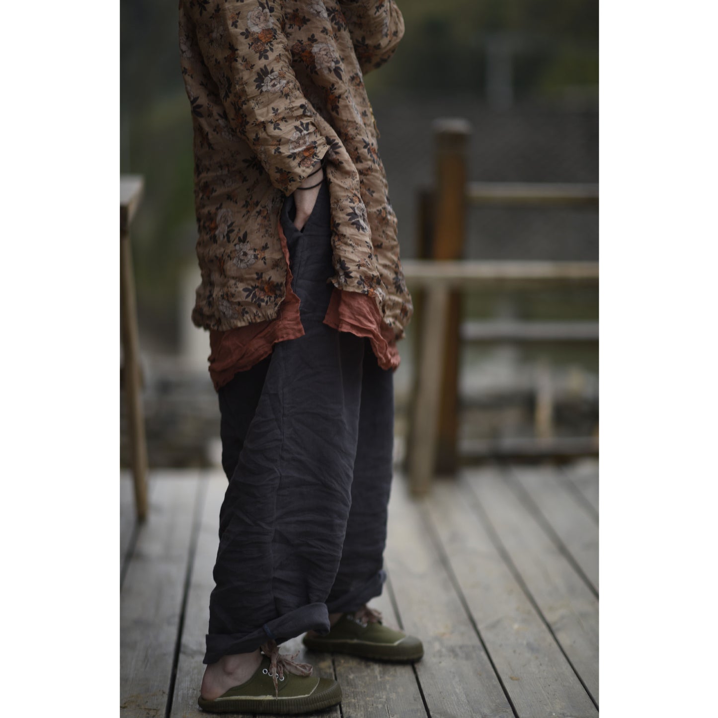 2025 23/4/Tea Ancient/Spring and Summer Literary Retro Ramie Printed Crew Neck Pullover Shoulder Medium Long Shirt