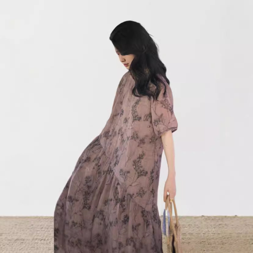2025 spring and summer ramie ink skirt, printed diagonally divided pleated short-sleeved cotton and linen dress women A0665