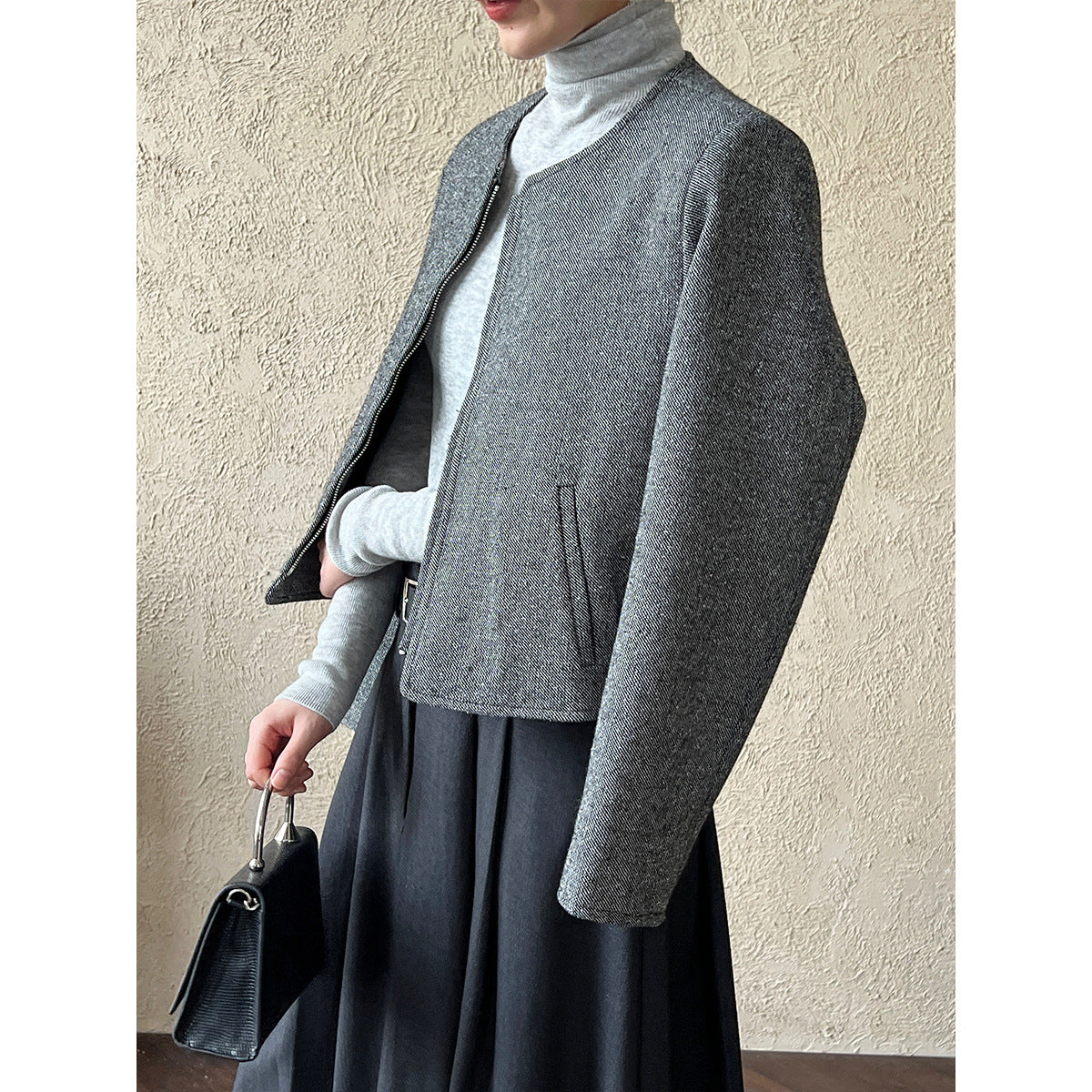 Luxi Korean wool woolen round neck small fragrant short coat women's popular autumn new zipper jacket top 8698