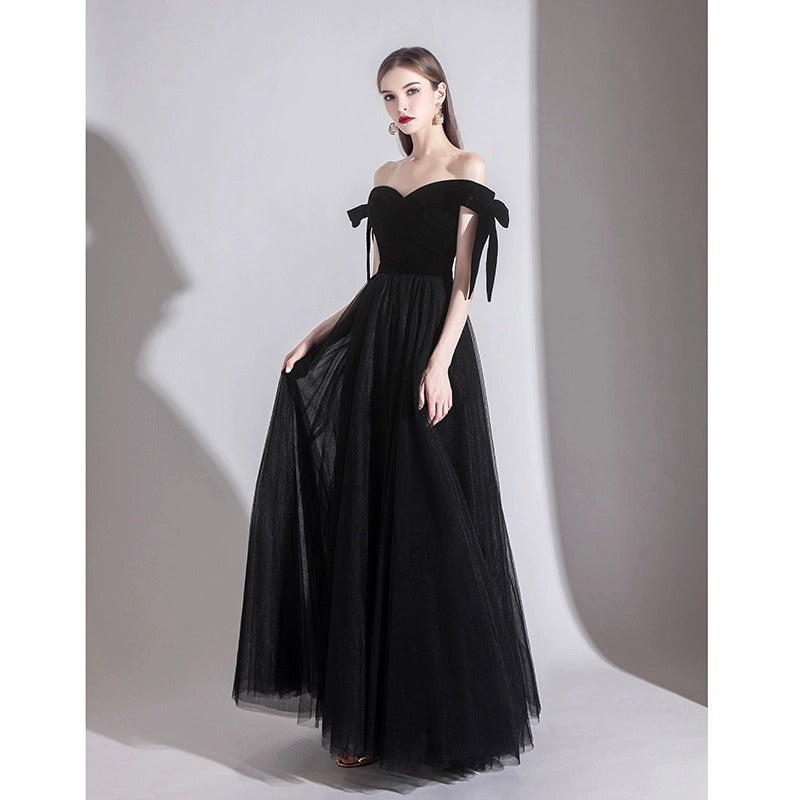 2025 One-word shoulder black evening dress, high-end sense, light luxury, niche banquet host, art test dress, temperament, celebrity dress