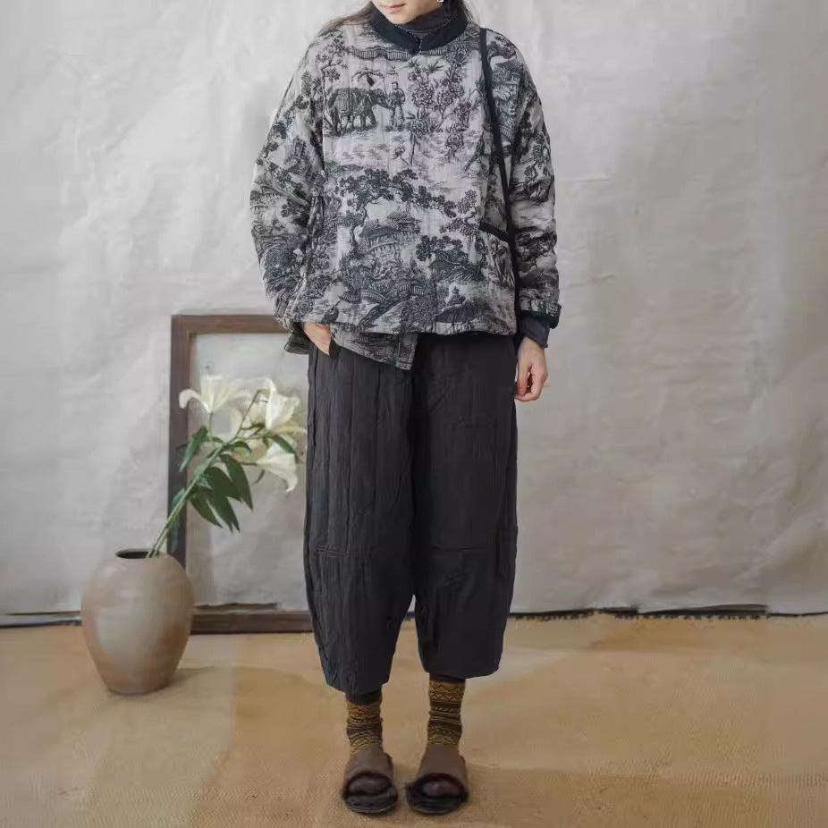 retro double-layer printing thickened diagonal placket Guochao cotton-padded coat, new Chinese personalized cotton-padded coat M21436