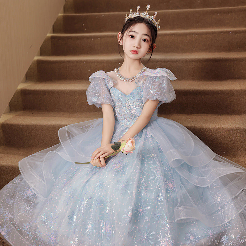 Xiangtuibao Sweet Children's Host's Dress Girls' Summer Blue Puff Sleeve Princess Piano Performance Costume