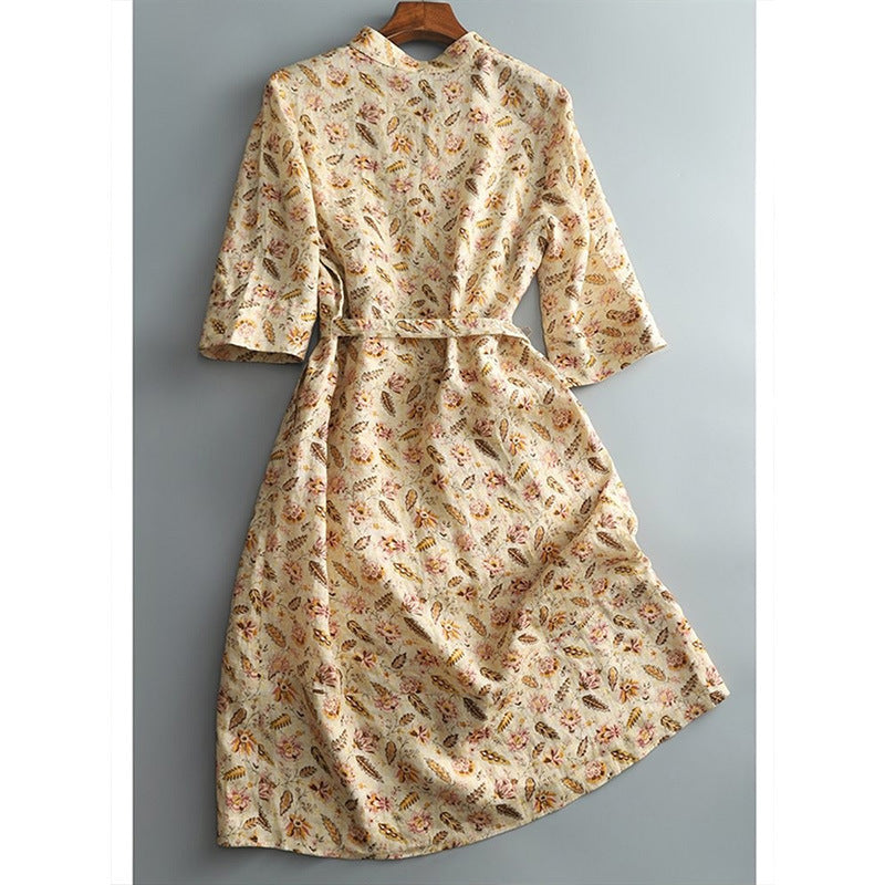 2025 waist thin linen floral dress, cotton and linen lisianthus skirt spring and summer women's clothing new medium and long